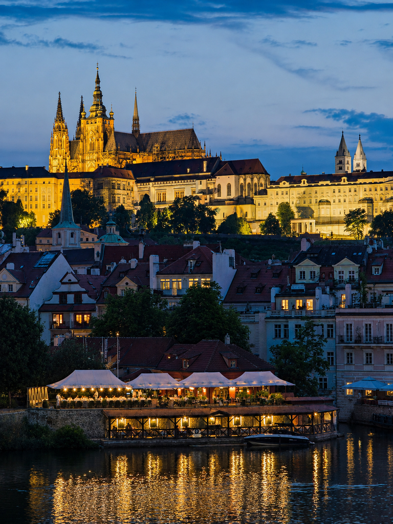 Prague Castle glows above Malá Strana, with a lit riverside restaurant and reflections on the Vltava.