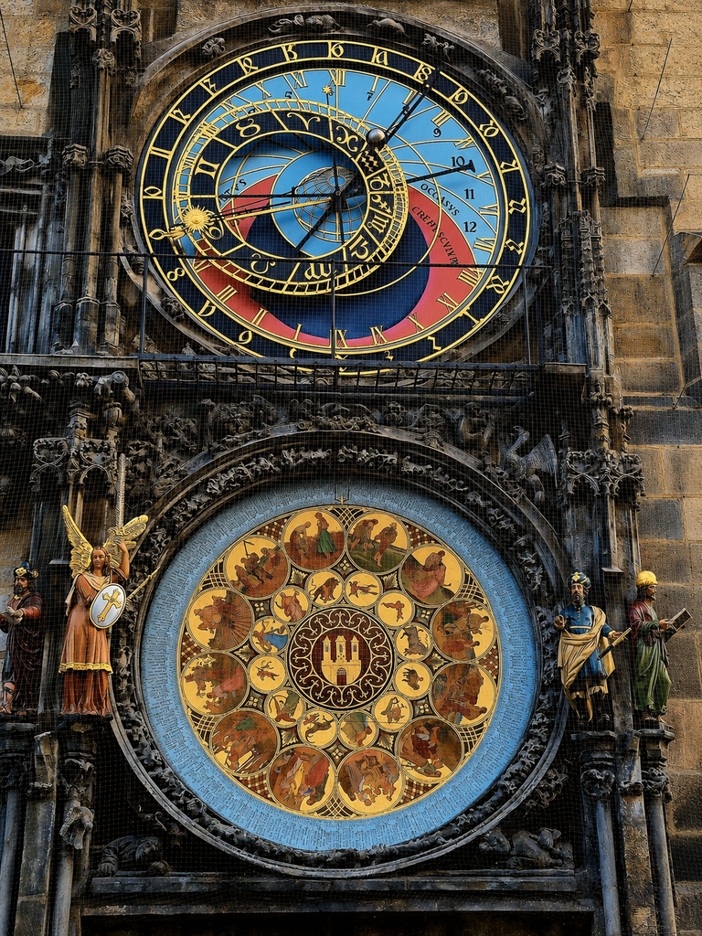 Prague Astronomical Clock façade with blue-and-gold astronomical and calendar dials, statues and ornate stonework.
