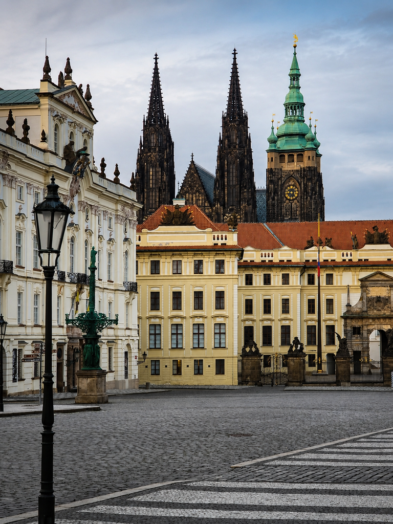 St Vitus Cathedral towers rise behind historic buildings on Hradčanské Square in Prague.