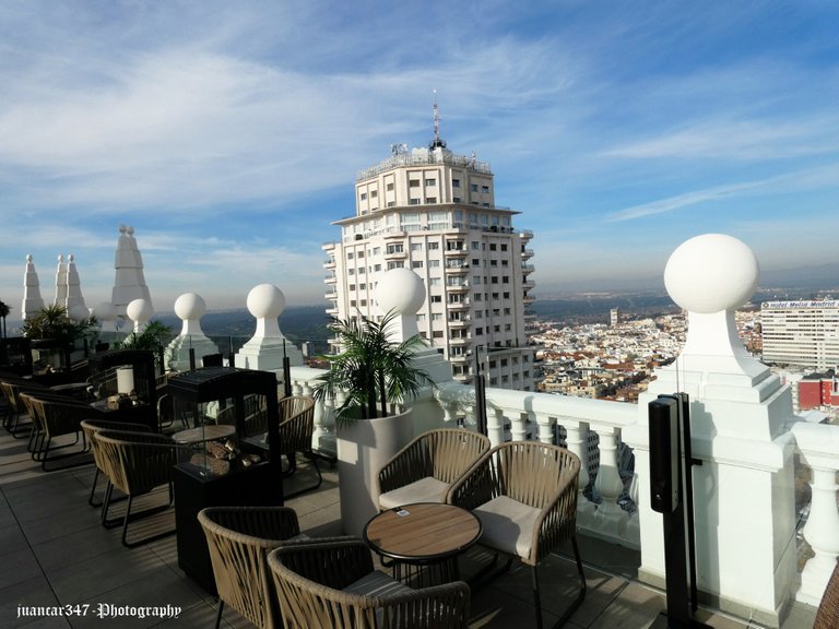 Panoramic view of the terrace and the Torre de Madrid (Madrid’s Tower)