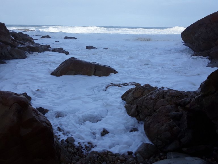 A layer of foam hides the water below and looks like path to purity