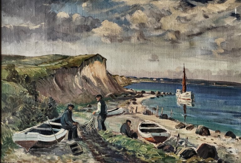 An old painting with fishermen at the shore