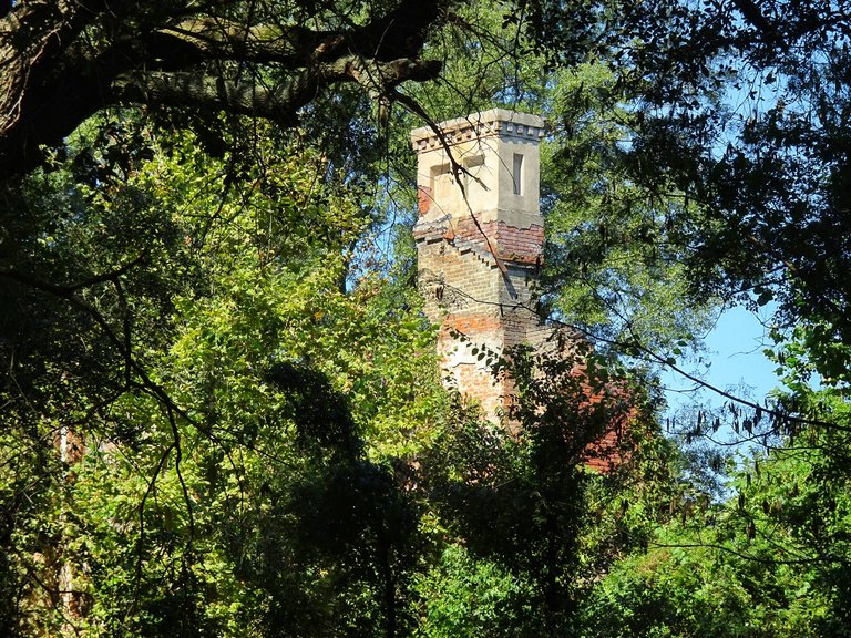 A tower between green