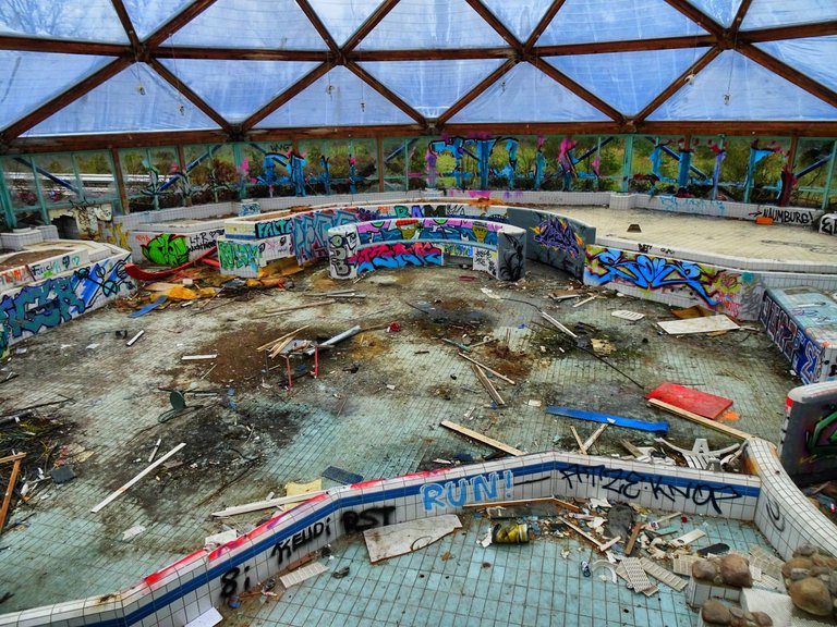 The indoor pools are empty