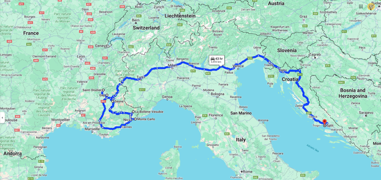 Split to Seyne travel route.