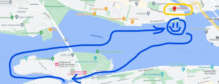 The smileys face is where Stockholm City Hall is located. It took about an hour to get there and took an hour to get back to the starting point.