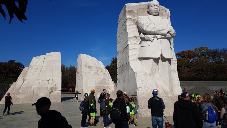 Martin Luther King, Jr. Memorial. Known as the Stone of Hope and the two pieces behind him are known as the Mountain of Despair.