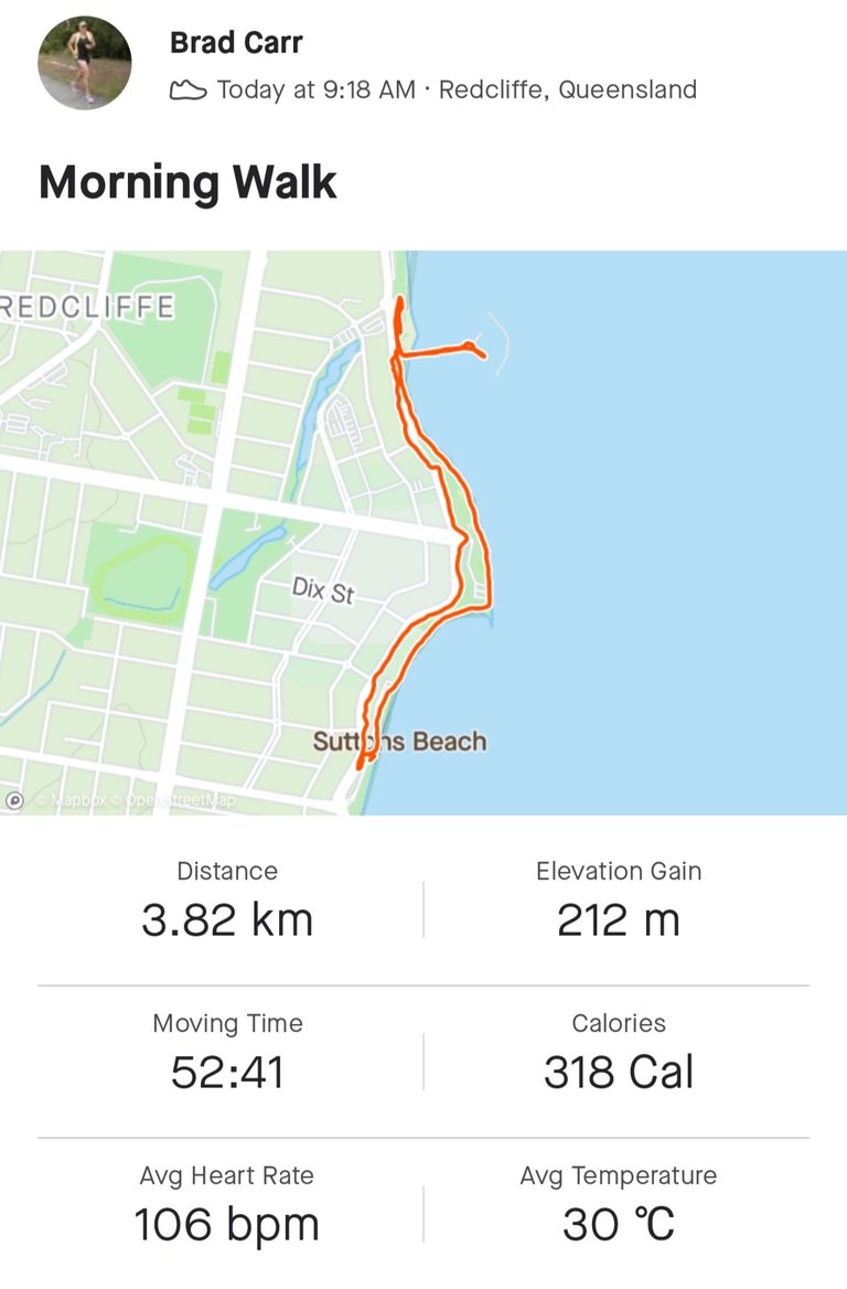 We started at Suttons Beach and walked up the coastal path and out along the pier. We did a quick inspection of the the First Settlement plaques before walking back through the shopping and restaurant area on the main street which included Bee Gees Way. (Photo from Strava)