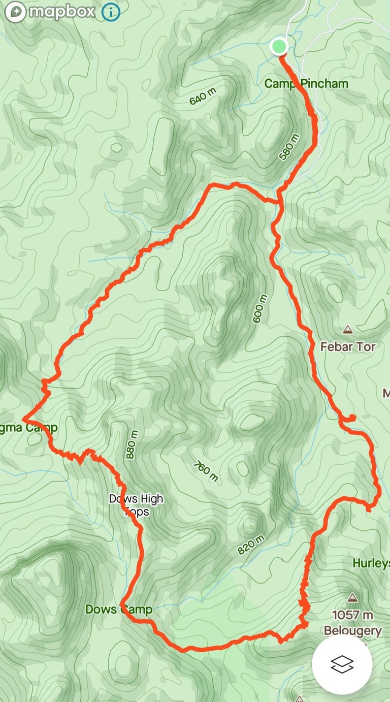 13.95 kilometres hiked with 661 metres of elevation gain, in 4 hours 14 minutes. (Map from my Strava app).