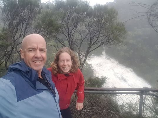 Onwards we went to visit Caroline’s family in Sydney, then a few days later, with the rain still falling, we drove up the hill to the Blue Mountains. On route to our accommodation in Leura we stopped off to check out the thundering Wentworth Falls. It Was So Loud! And beautiful. And wet!