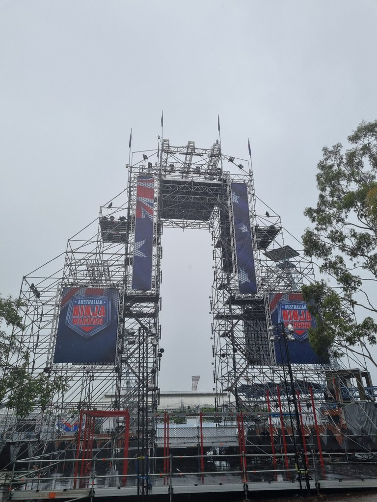 Australian Ninja Warrior Course is set up in some space next to the ANZ Stadium.