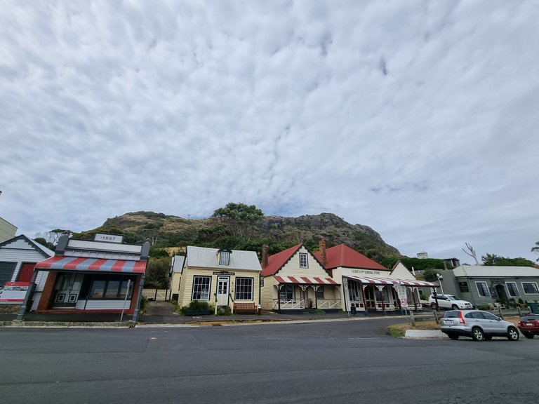 The main street of Stanley with the Nut State Reserve in the background