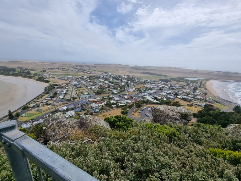 View of Stanley from Highfields lookout top of the Nut, Tatlows beach on the left, Godfreys beach on the right.