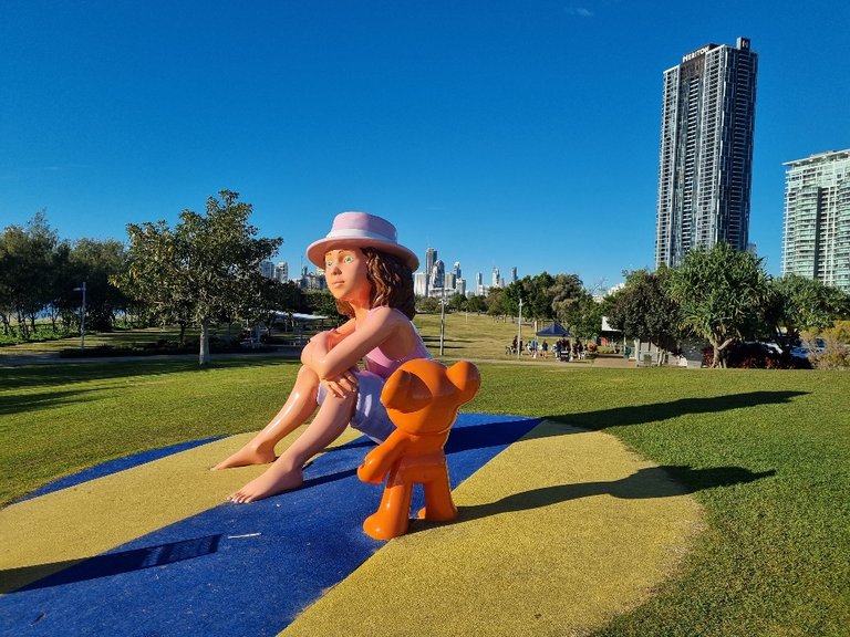 A 2.5m high fibre glass sculpture. (Maddie and Mike the Teddy Bear) in the picnic barbeque lawn area.