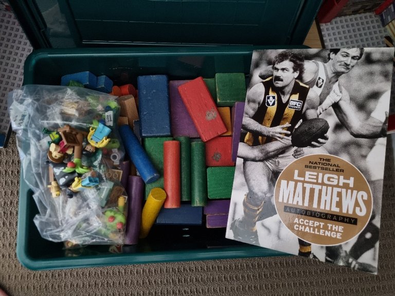 I ended up picking up a couple of items from the op shop. A small bag of Lego like farm bricks, a box of wooden block and an autobiography of a famous Australian Rules Football player. I always find it interesting to read behind the scenes about things I used to watch on tv while growing up.