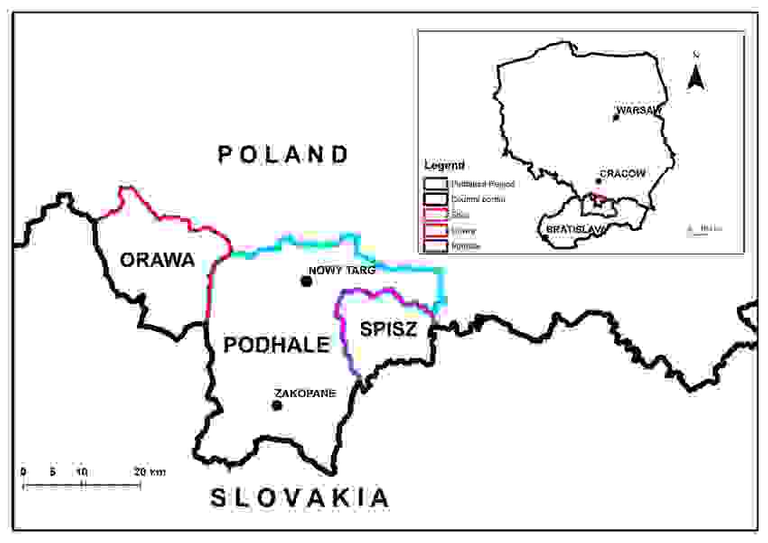 Polskie Podtatrze. Mapa pochodzi z pracy o tym regionie autorstwa Anny Chrobak-Žuffovej