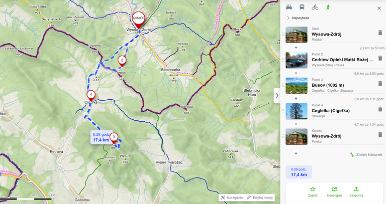 Trasa wycieczki na Busov (między punktami 2 i 3 przeszliśmy ”na szagę”, przez stoki Palenicy) -