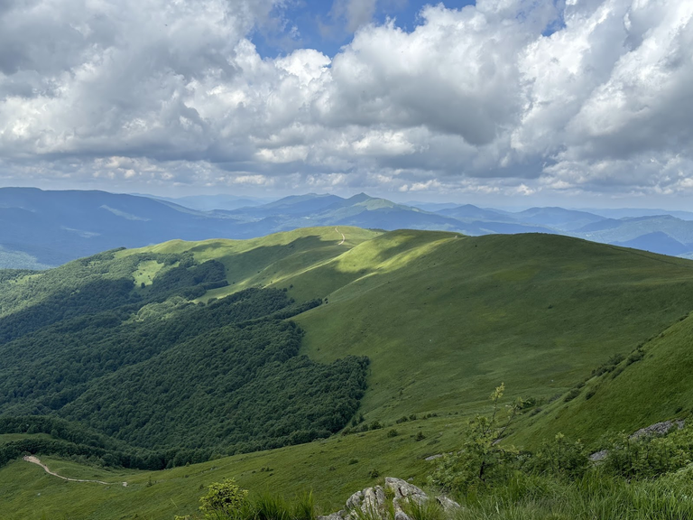 Widok z Tarnicy na zachód. Na pierwszym planie Szeroki Wierch, za nim Połonina Caryńska