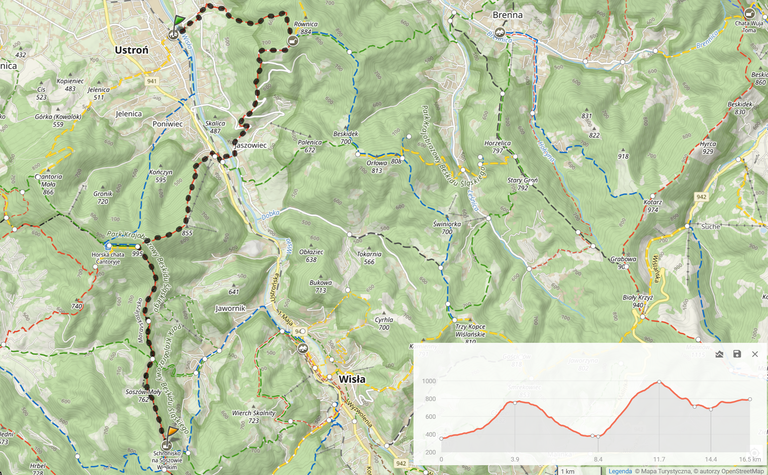 Główny Szlak Beskidzki 2024 - Dzień 1: ”Ustroń - Soszów” (16,5km i 1188m podejść). Nocleg: Schronisko ”Soszów” 