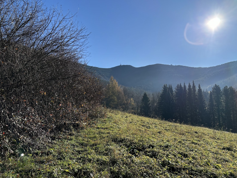 Pierwszy widok na Łysą Górę (centralnie, z przekaźnikiem)