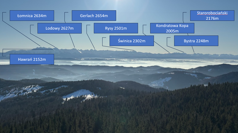 Panorama Tatr z wieży na Gorcu