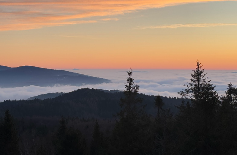 Pusta Wielka (po lewej) oraz Busov (w dali, w mgle)