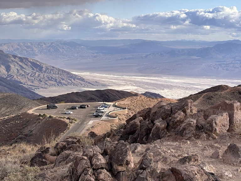 Dante’s View parking and Death Valley surrounded by Black and Panamint Mountains