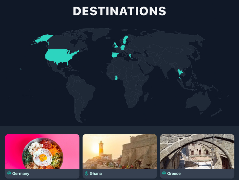 Destinations page: A new default page with a clickable world map and list of all the countries you have visited