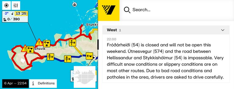 Tak skończyła się kwietniowa zamieć, w trakcie której prawie wszystkie drogi na półwyspie zostały zamknięte (oznaczone na czerwono).