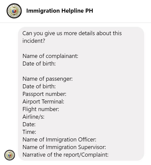 Form for iling a complaint to Philippine immigration