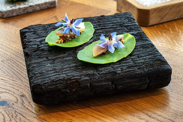 Sedum leaf was a succulent base to the marinated sturgeon.