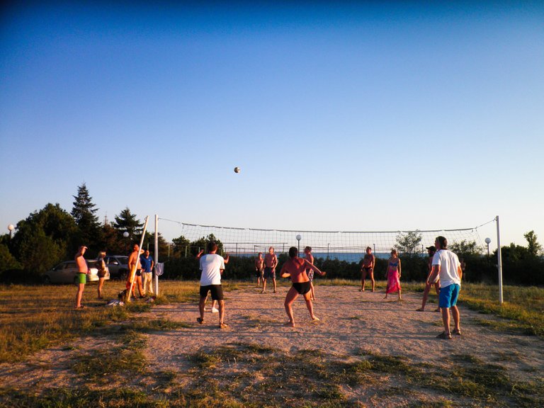 An active game on the volleyball court