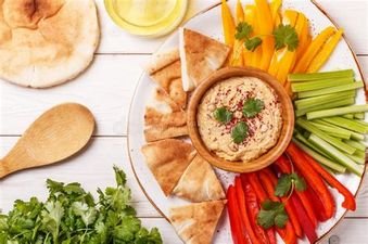 Nice picture of hummus and pita bread with fresh veg on the side