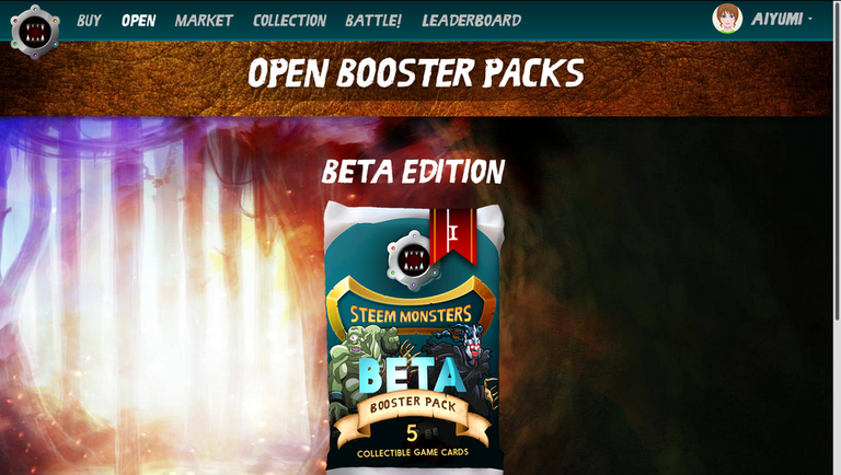 Image of the booster packs opening screen with one unopened pack