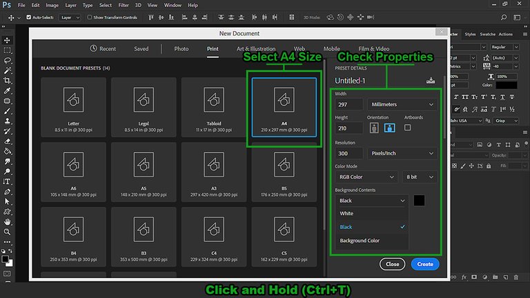 Adobe Photoshop user interface showing how to create a new document