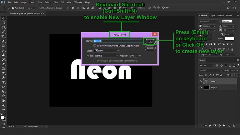 Phtooshop user interface showing how to create a new blank layer using keyboard shortcuts.