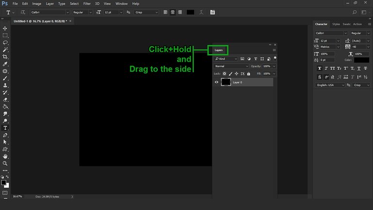 Adobe Photoshop user interface showing how to rearrange the Layer Panel in a work space.