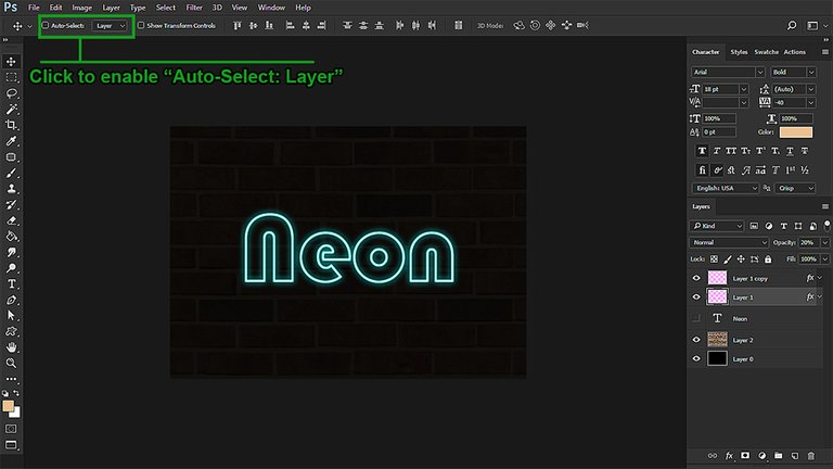 Adobe Photoshop user interface showing how to enable "Auto-Select for Layers"