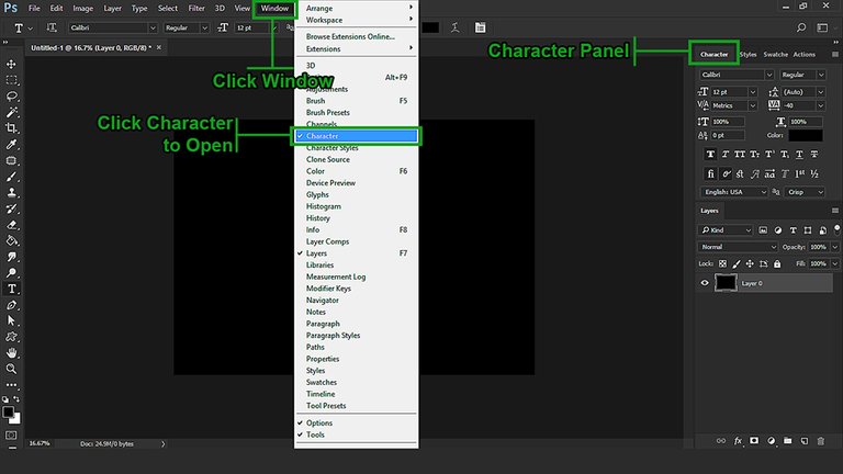 Photoshop user interface showing how to open "Character Panel"