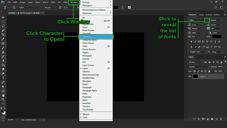 Photoshop user interface showing how to reveal the list of available fonts under the "Character Panel"