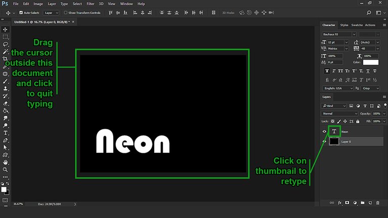 Photoshop user interface showing how to start and exit typing on the document.
