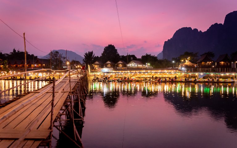 Sunset in Vang Vieng Bamboo Bridge