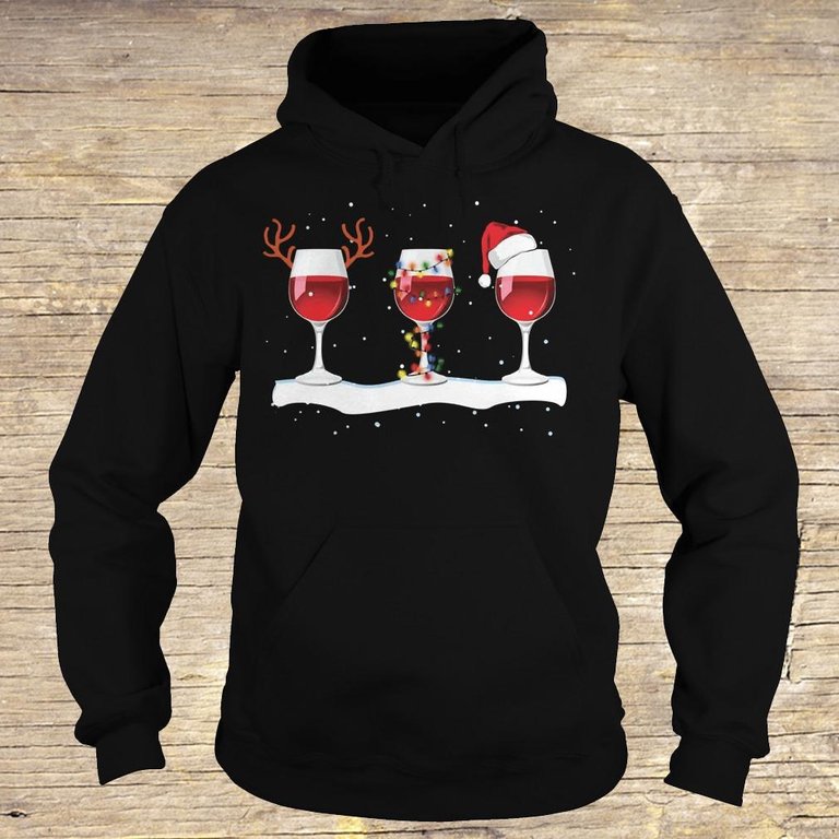 Three wine glasses with Christmas light, deer horn and Santa hat shirt Hoodie