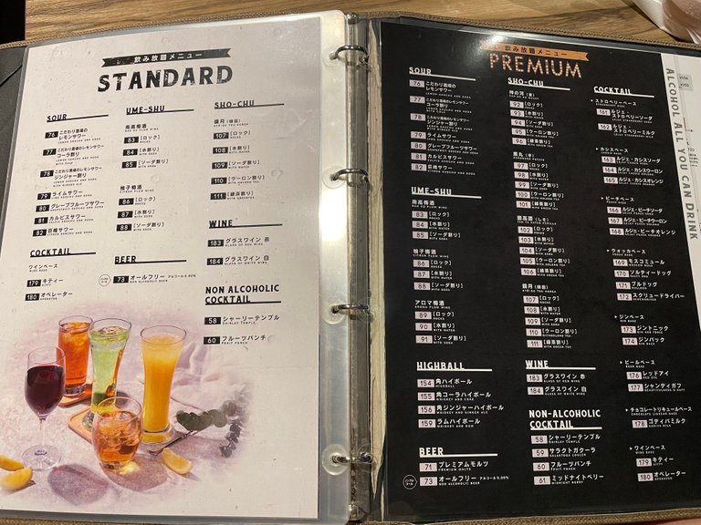 Unlimited alcohol menu. We got the standard, not the premium.