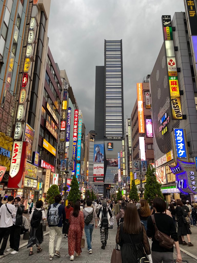 From Shinjuku station, few steps only! Yes, that's Godzilla over there on top of the cinema building