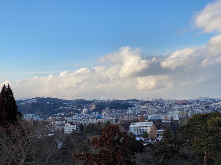 See the white statue in the mountains? That's Sendai Daikannon