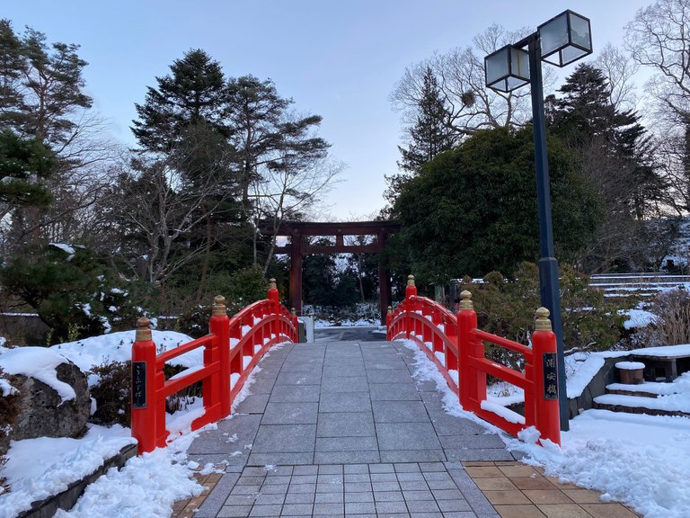 The main gate can be seen from the bridge