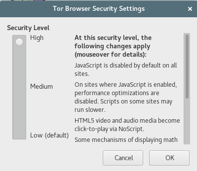 Tor browser security settings