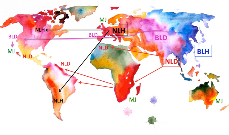 Map of the geographical distribution of the cannabis gene pools. Boxed labels indicate area of origin from which the Cannabis plant spread alongside humanity.