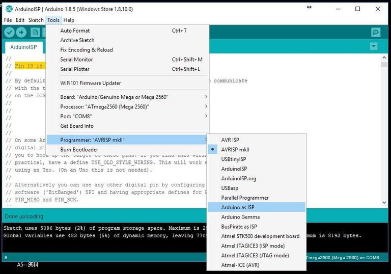 Select Arduino as ISP